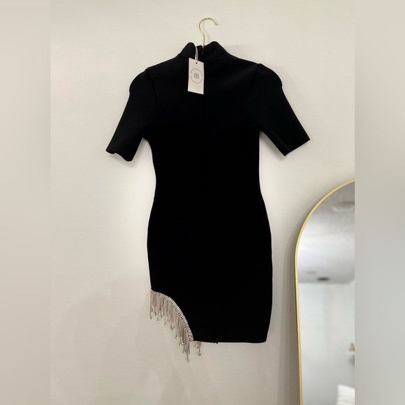 Black Mock-Neck Bandage Bodycon Mini Dress with Rhinestone detail on right side - Picture 5 of 11